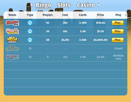 Goto to game button Bingo Menu